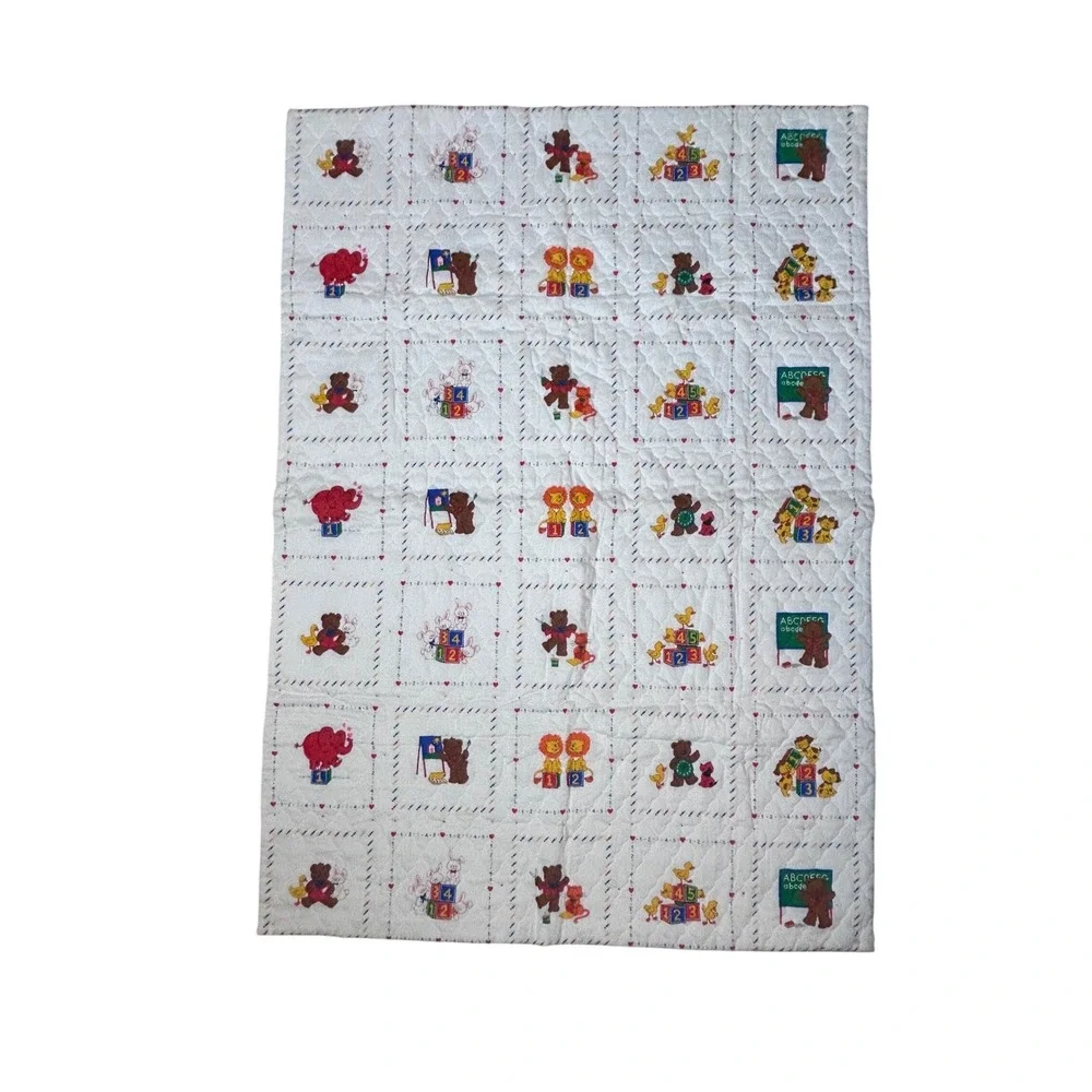 Vintage Quilted‎ Baby Blanket ABCs Animals Bears Ducks Lions Elephants 42x 59